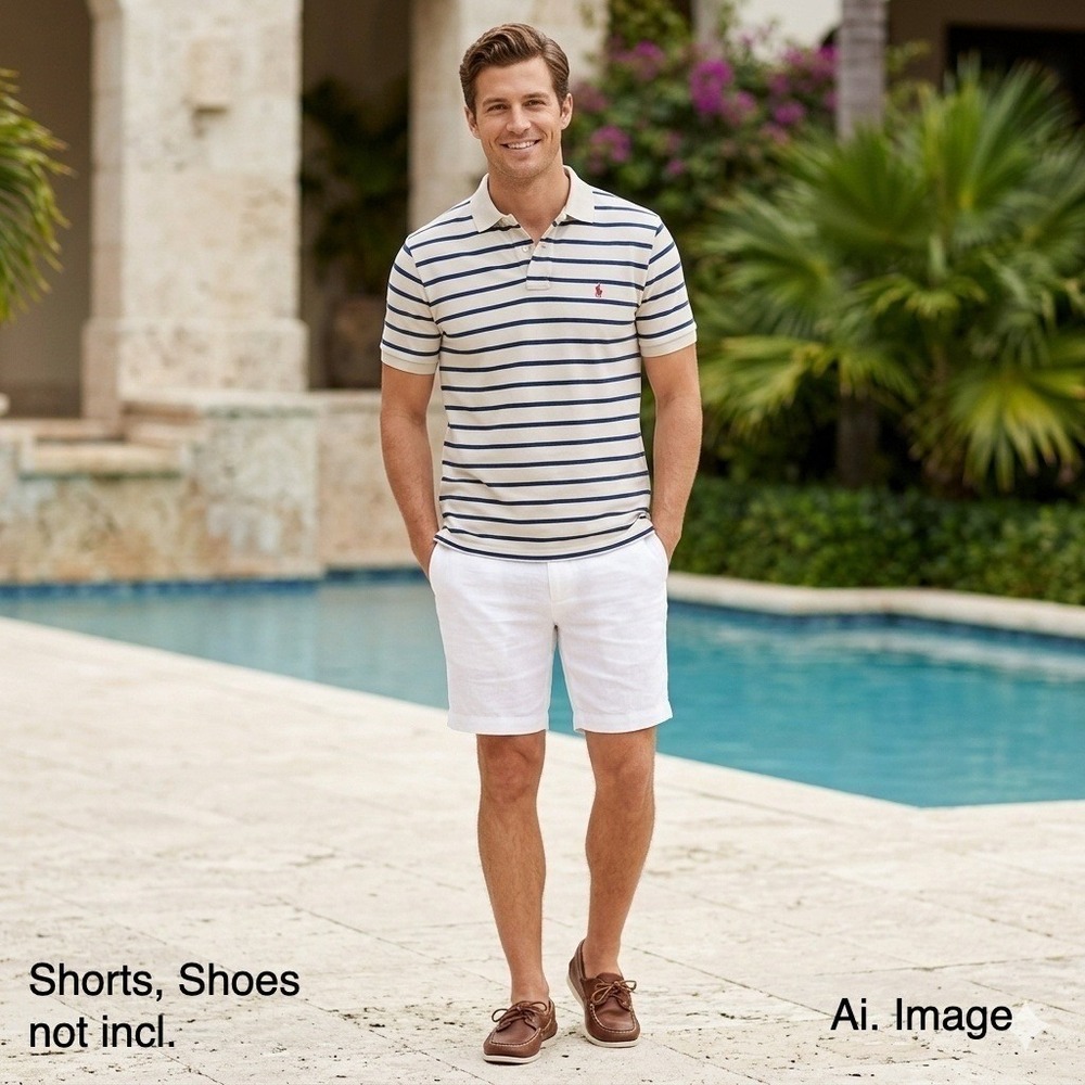 Polo Ralph‎ Lauren Striped Polo Shirt XL Cream Navy Classic Cotton Preppy Resort